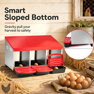3-Compartment Roll Away Chicken Nesting Box for Egg Collection with Removable Trays and Landing Steps-Red view 6