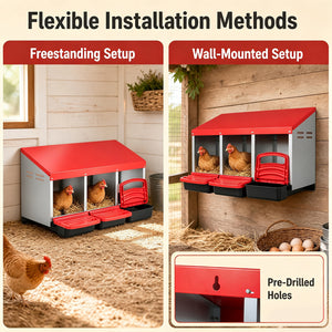 3-Compartment Roll Away Chicken Nesting Box for Egg Collection with Removable Trays and Landing Steps-Red view 7