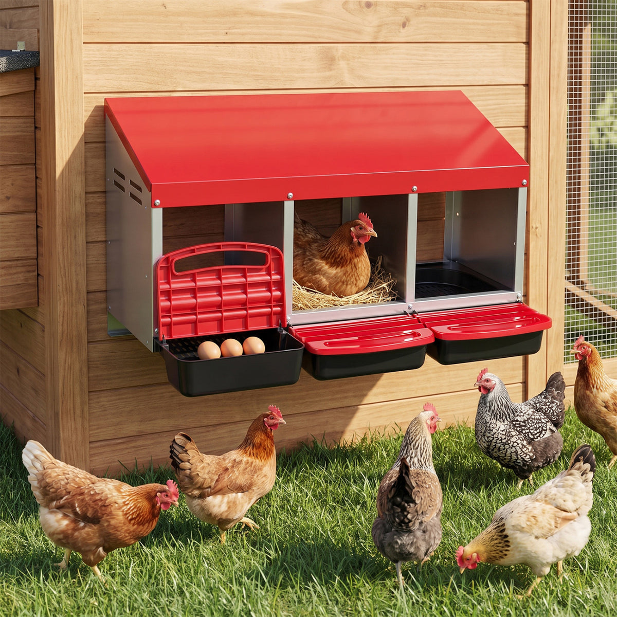 3-Compartment Roll Away Metal Chicken Nesting Box for Hens-Red view 3