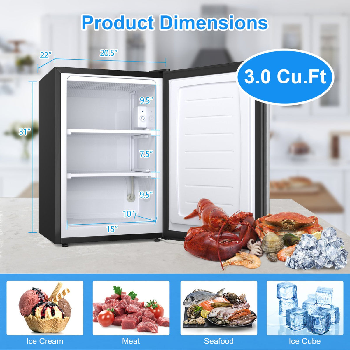 3 Cubic Feet Compact Upright Freezer with Stainless Steel Door view 5