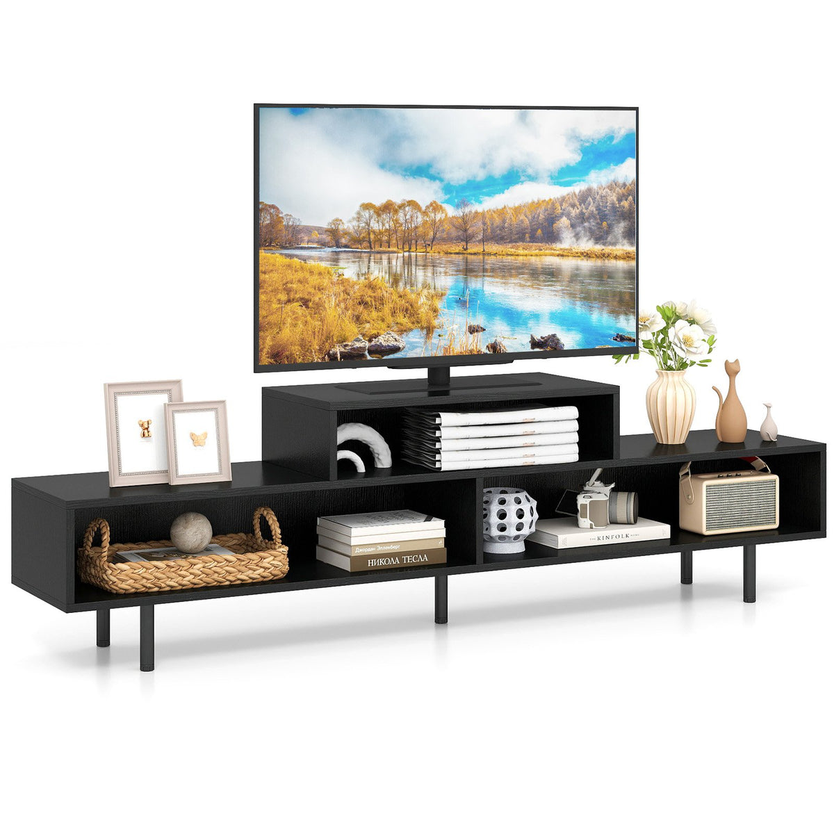3 Cubby TV Stand for TVs up to 70 Inch Entertainment Center with Open Storage Compartments-Black