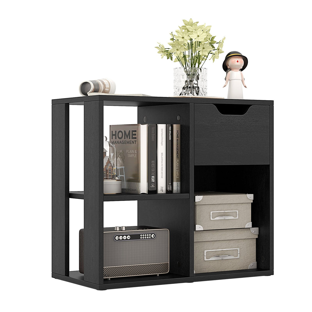 3-Cube Bookcase 2-tier Wooden Storage Shelf with Pull-out Drawer-Black