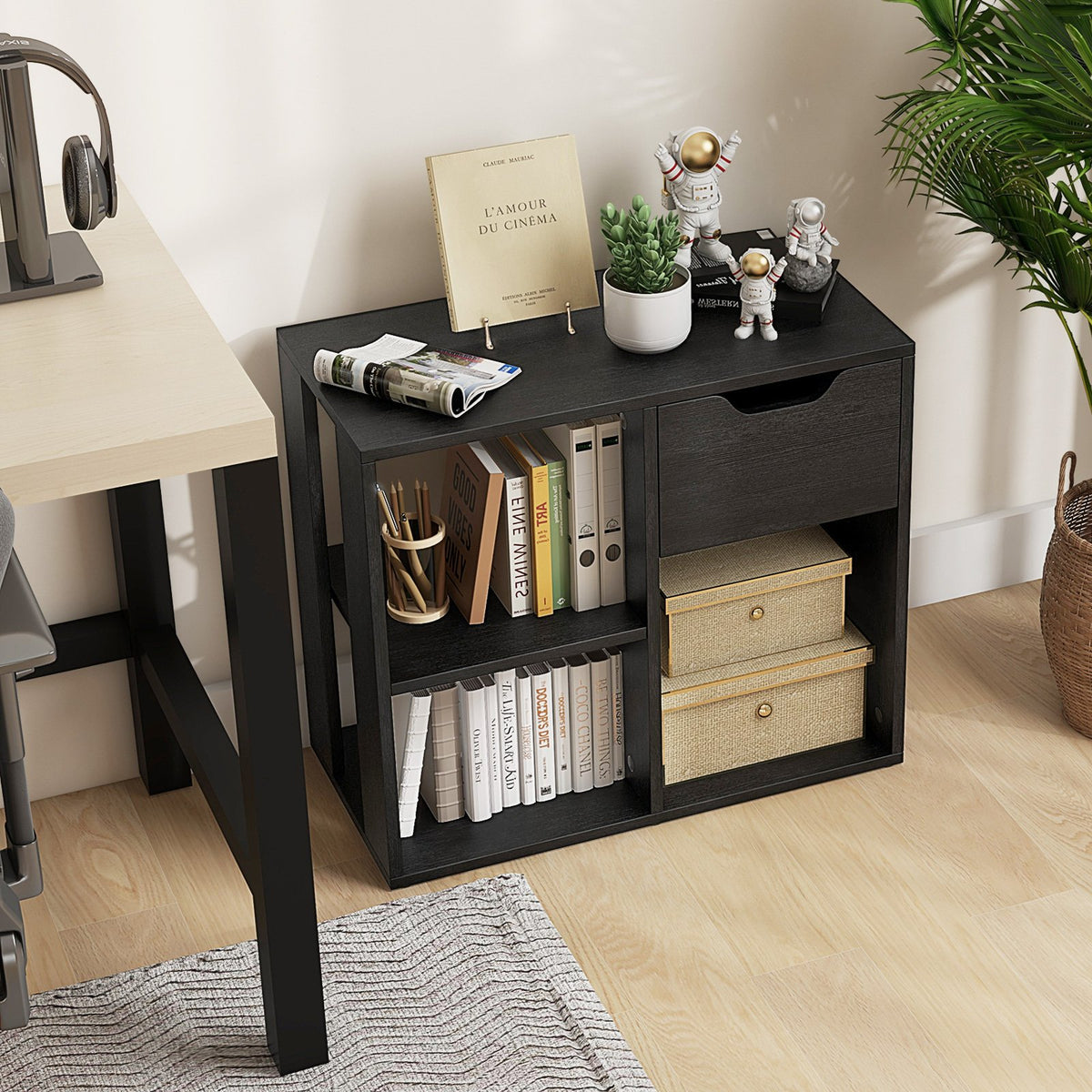 3-Cube Bookcase 2-tier Wooden Storage Shelf with Pull-out Drawer-Black view 2