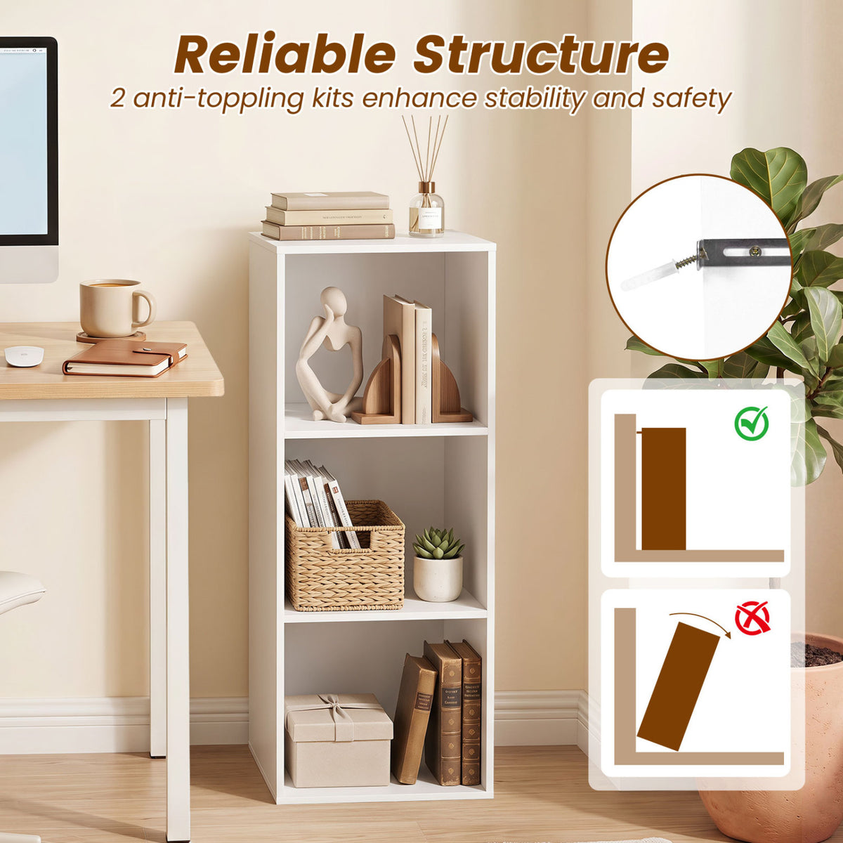 3-Cube Bookcase with 2 Anti-tipping Kits and Cubby Storage Organizer for Home Office-White view 9