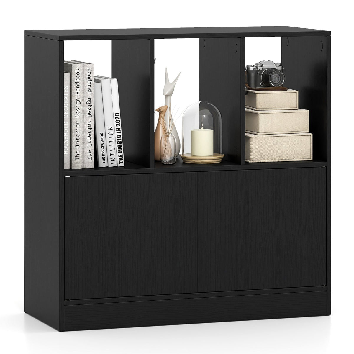 3-Cube Bookcase with Doors 3-Tier Cubic Bookshelf with Open Compartments and Cabinet-Black view 2