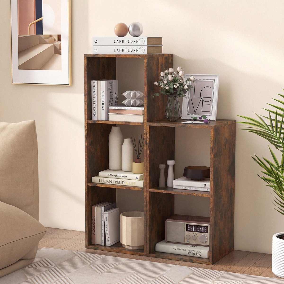 3 Cube Bookshelf with Back Guardrail for Living Room Bedroom-Brown view 2