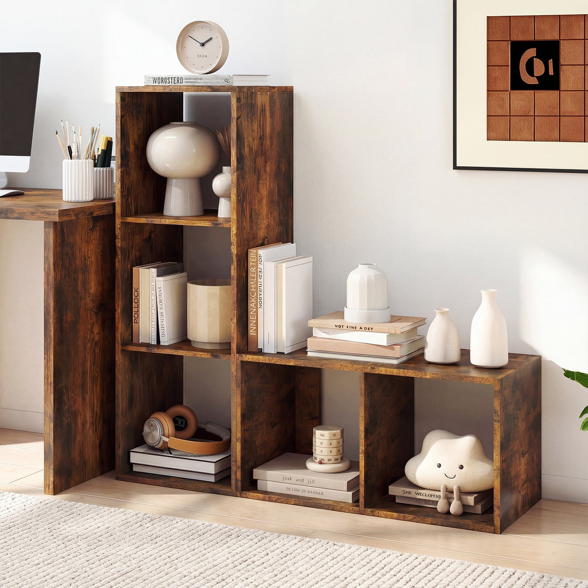 3 Cube Bookshelf with Back Guardrail for Living Room Bedroom-Brown view 3