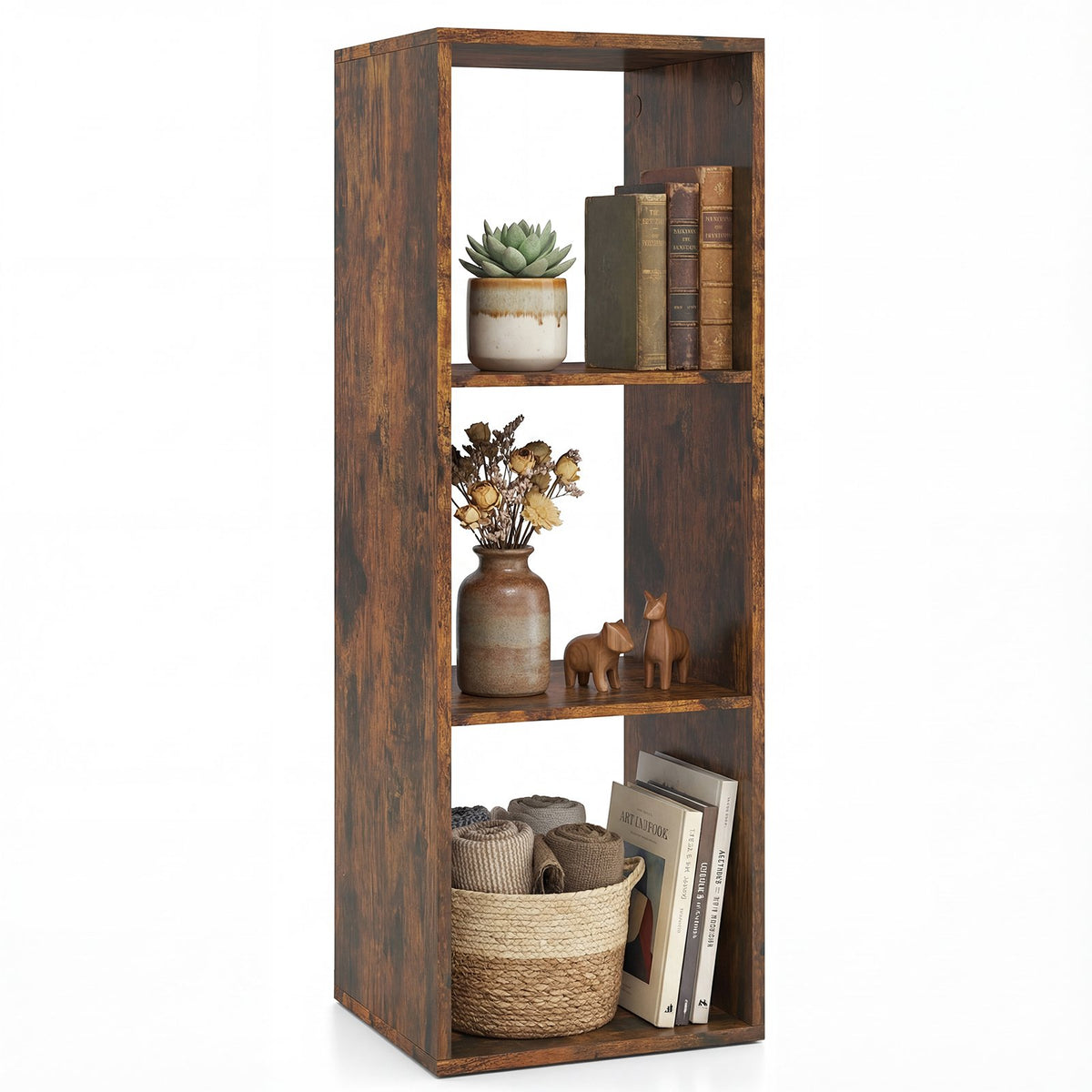3 Cube Bookshelf with Back Guardrail for Living Room Bedroom-Brown view 4
