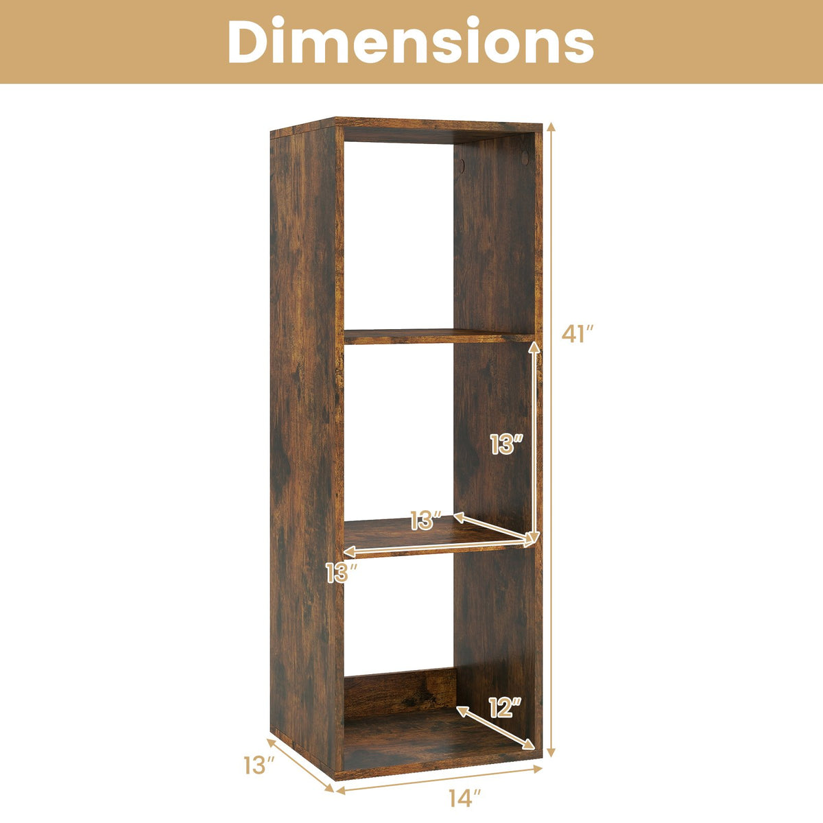 3 Cube Bookshelf with Back Guardrail for Living Room Bedroom-Brown view 5