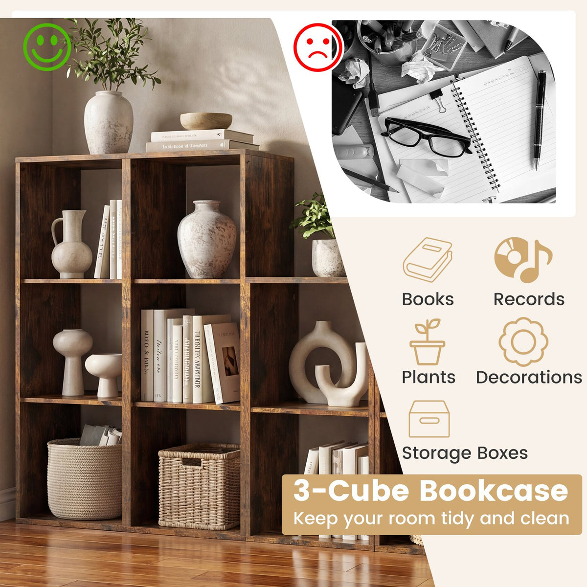 3 Cube Bookshelf with Back Guardrail for Living Room Bedroom-Brown view 8