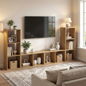 3 Cube Bookshelf with Back Guardrail for Living Room Bedroom-Natrual view 2