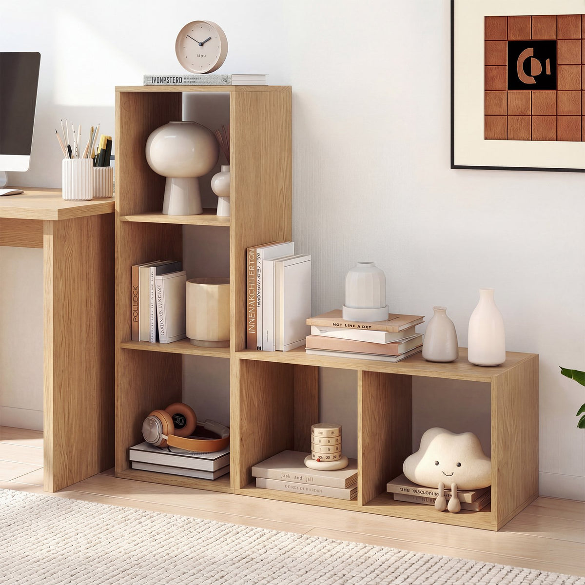 3 Cube Bookshelf with Back Guardrail for Living Room Bedroom-Natrual view 3