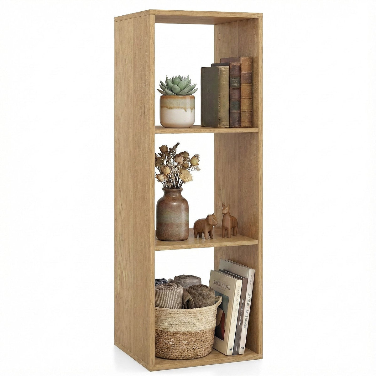 3 Cube Bookshelf with Back Guardrail for Living Room Bedroom-Natrual view 4