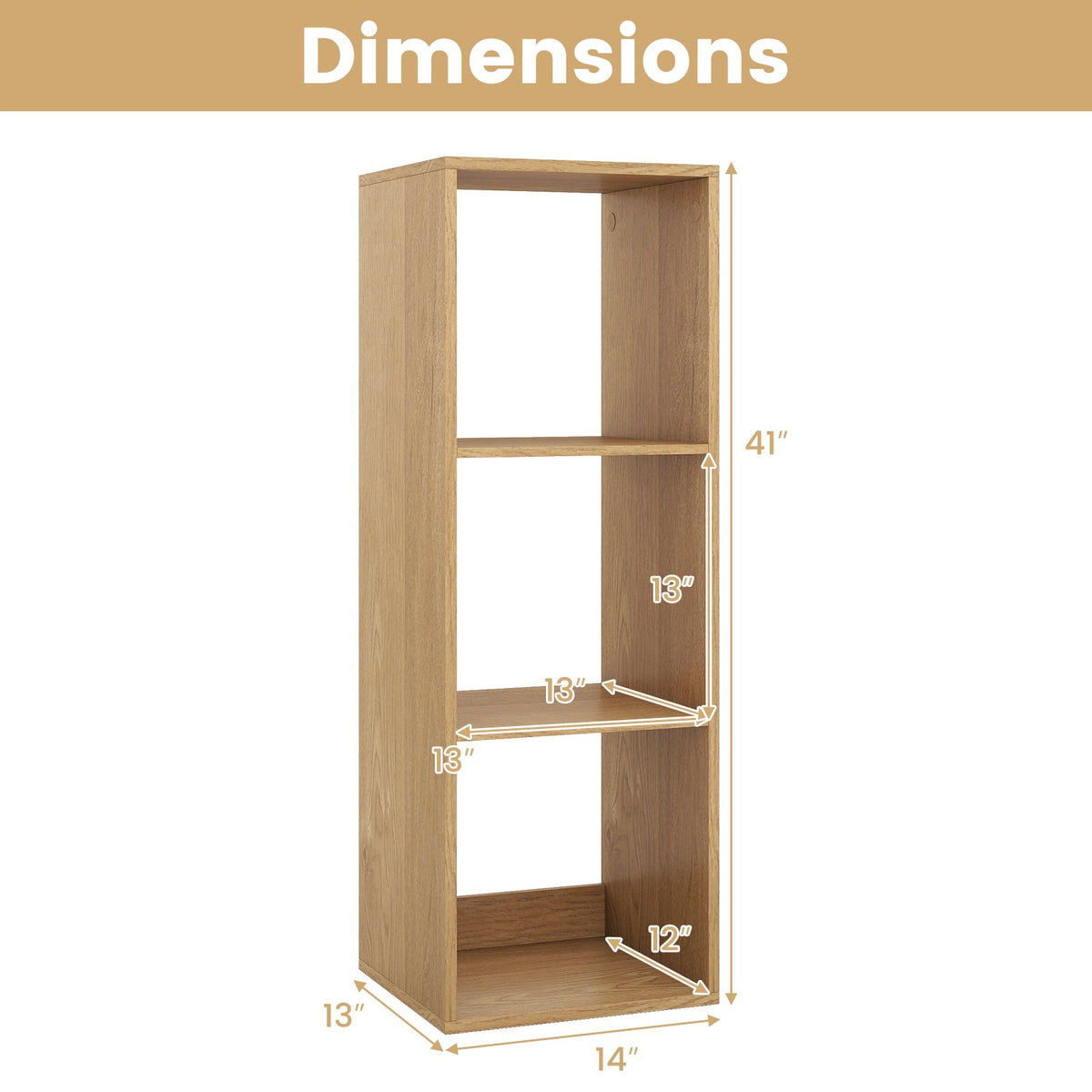 3 Cube Bookshelf with Back Guardrail for Living Room Bedroom-Natrual view 5