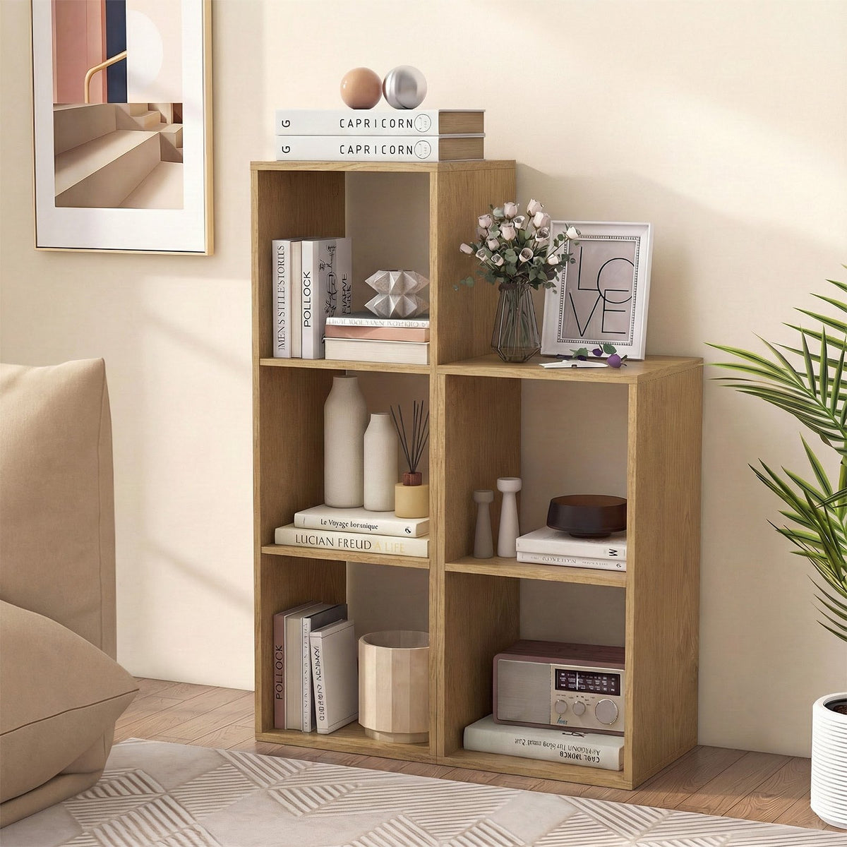 3 Cube Bookshelf with Back Guardrail for Living Room Bedroom-Natrual view 6