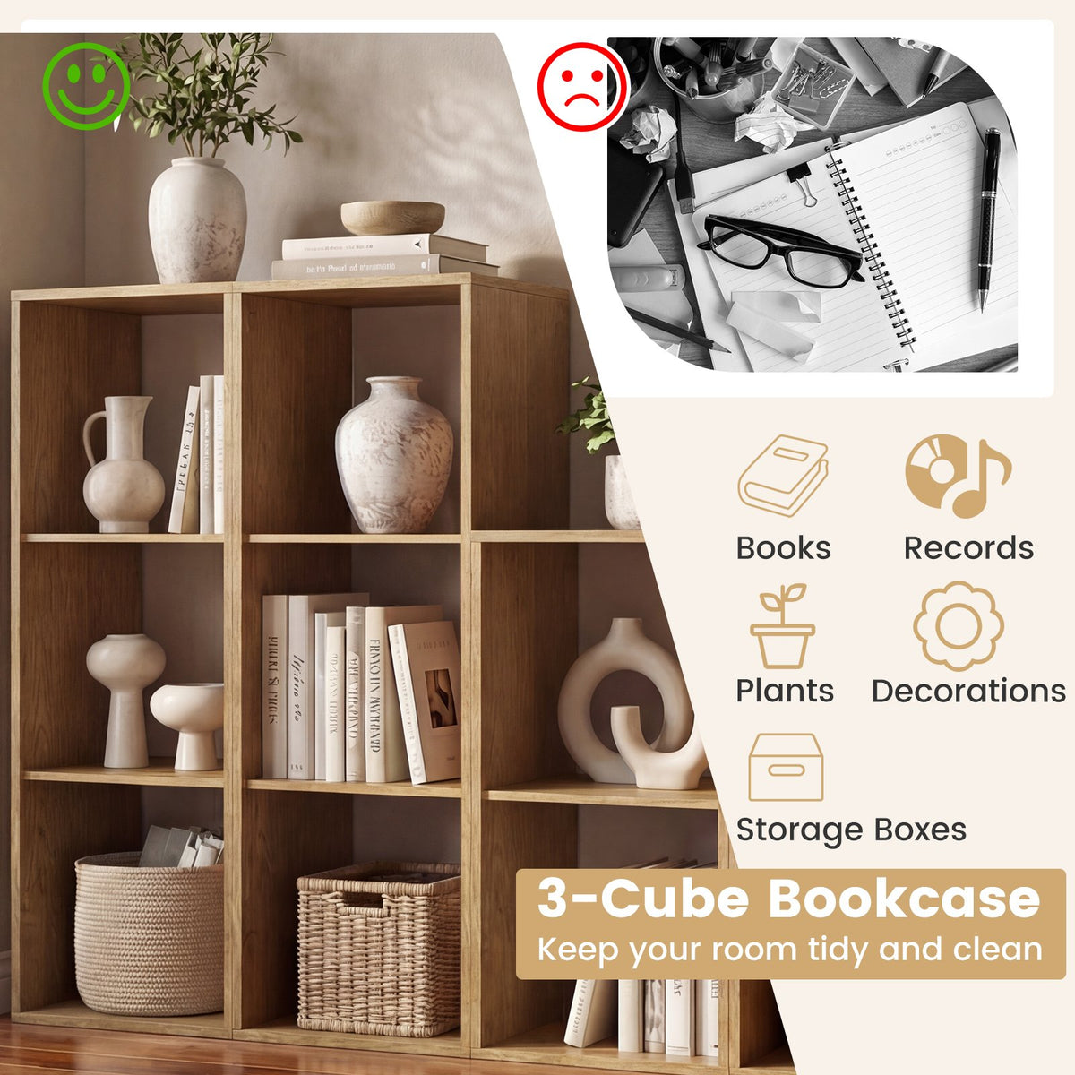3 Cube Bookshelf with Back Guardrail for Living Room Bedroom-Natrual view 7