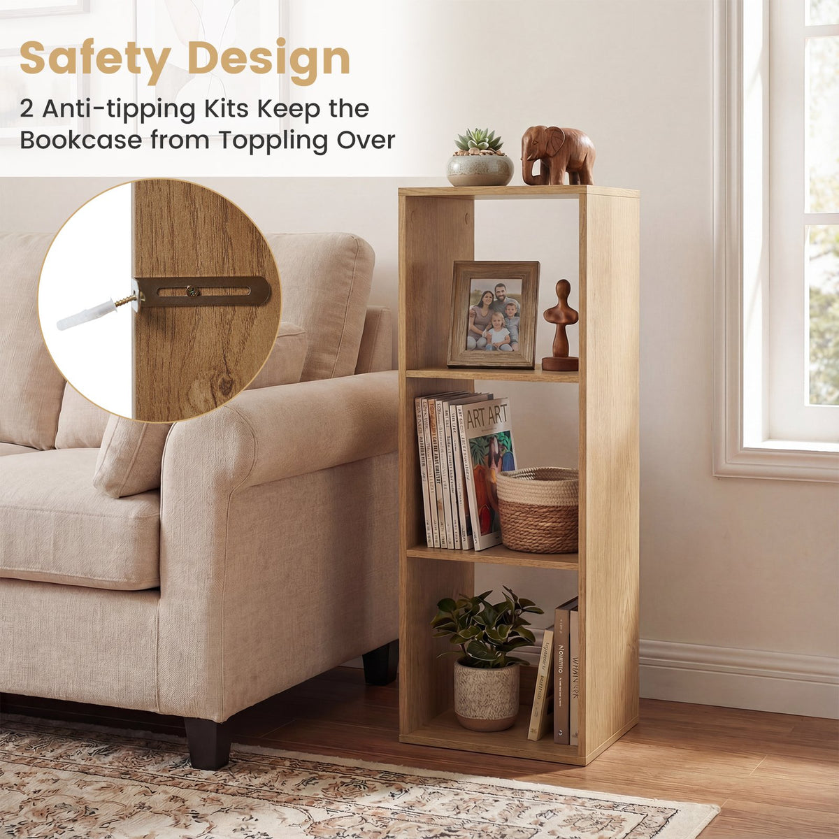3 Cube Bookshelf with Back Guardrail for Living Room Bedroom-Natrual view 8