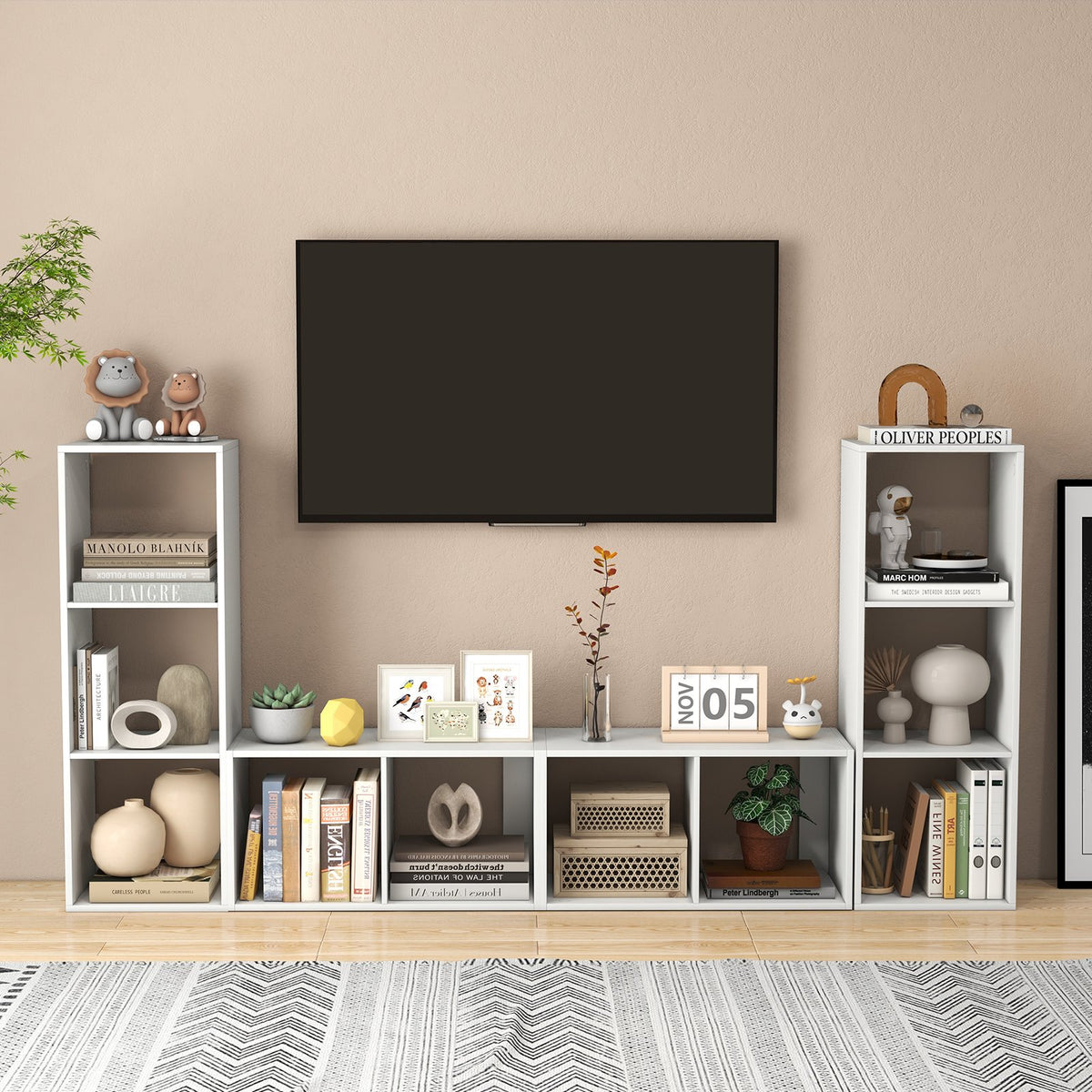3 Cube Bookshelf with Back Guardrail for Living Room Bedroom-White view 6