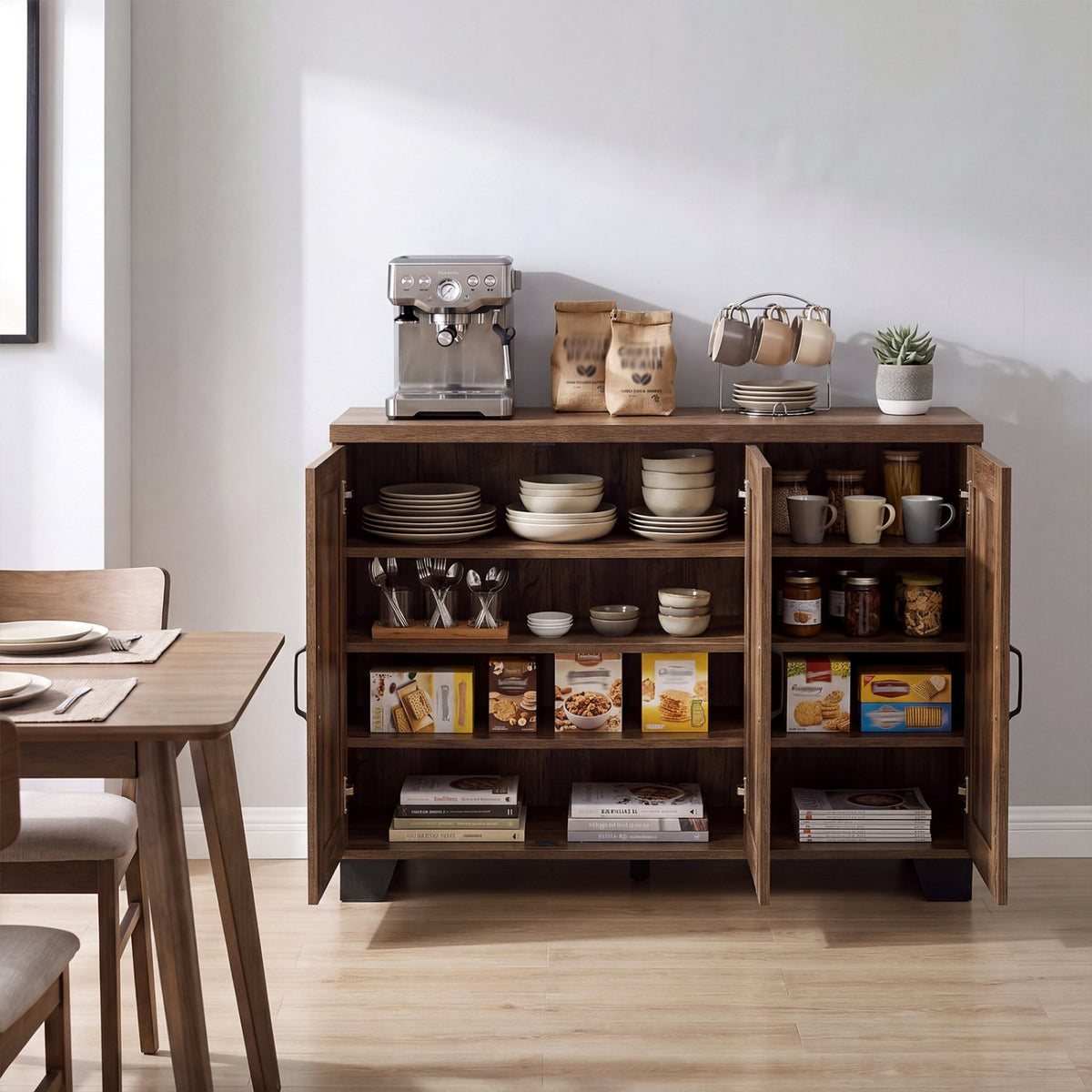 3-Door Buffet Sideboard with Adjustable Shelves and Anti-Tipping Kits-Brown view 3
