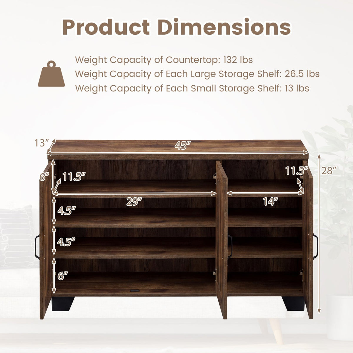 3-Door Buffet Sideboard with Adjustable Shelves and Anti-Tipping Kits-Brown view 5
