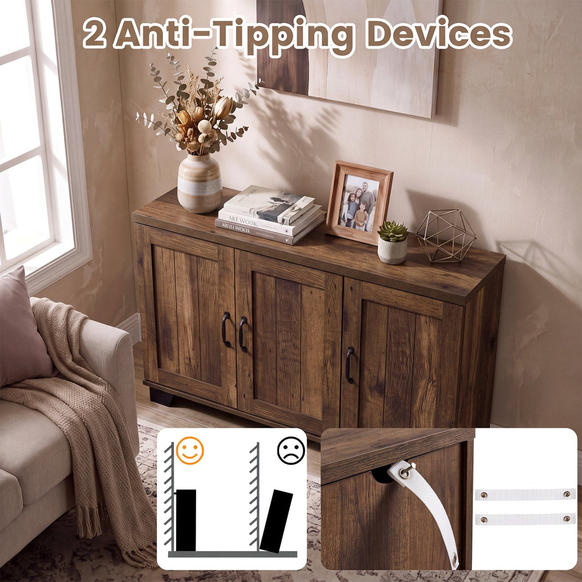 3-Door Buffet Sideboard with Adjustable Shelves and Anti-Tipping Kits-Brown view 8