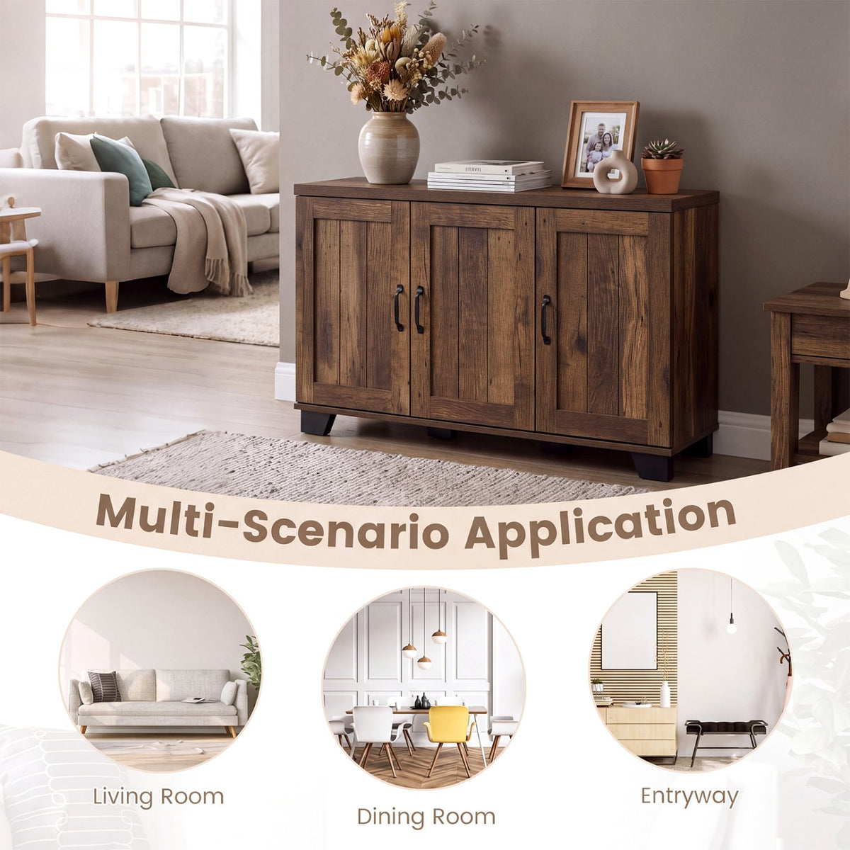 3-Door Buffet Sideboard with Adjustable Shelves and Anti-Tipping Kits-Brown view 9