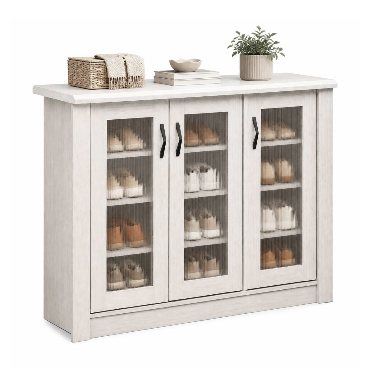 3-Door Shoe Cabinet with Removable Shelves Wooden Shoe Storage Organizer-White