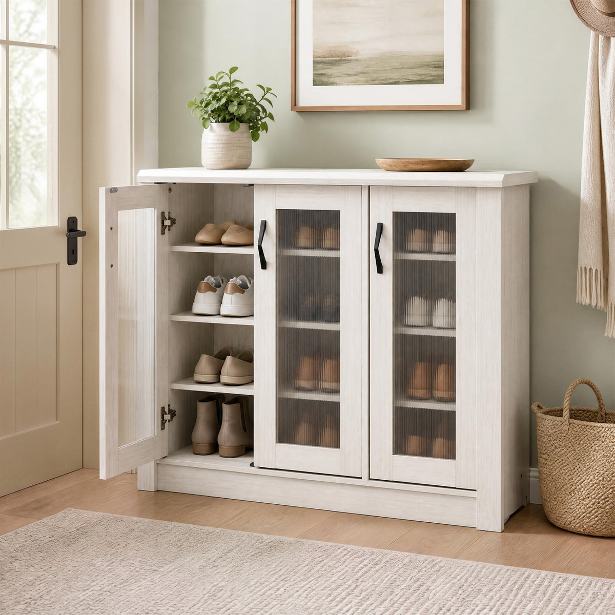 3-Door Shoe Cabinet with Removable Shelves Wooden Shoe Storage Organizer-White view 2