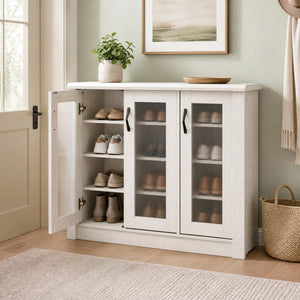 3-Door Shoe Cabinet with Removable Shelves Wooden Shoe Storage Organizer-White view 2
