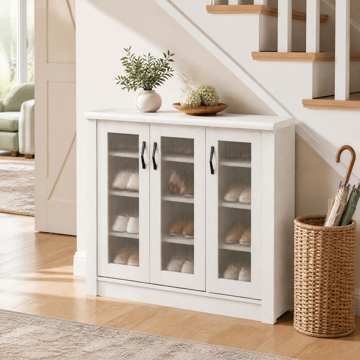 3-Door Shoe Cabinet with Removable Shelves Wooden Shoe Storage Organizer-White view 3