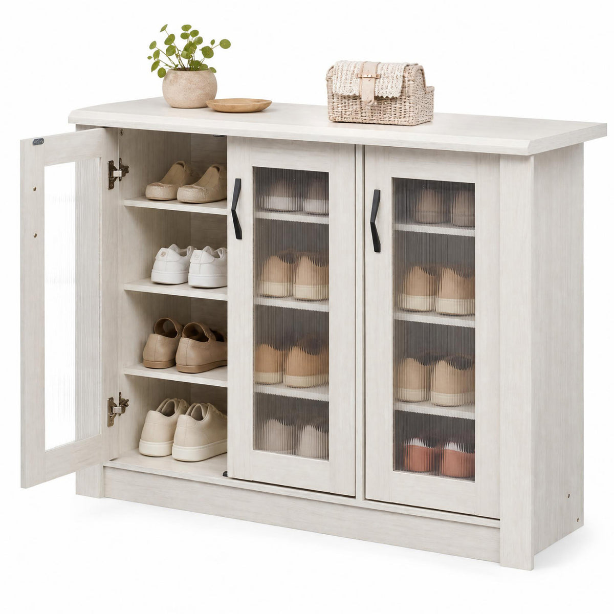 3-Door Shoe Cabinet with Removable Shelves Wooden Shoe Storage Organizer-White view 4