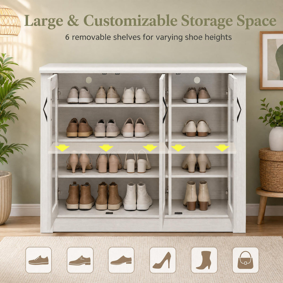 3-Door Shoe Cabinet with Removable Shelves Wooden Shoe Storage Organizer-White view 7