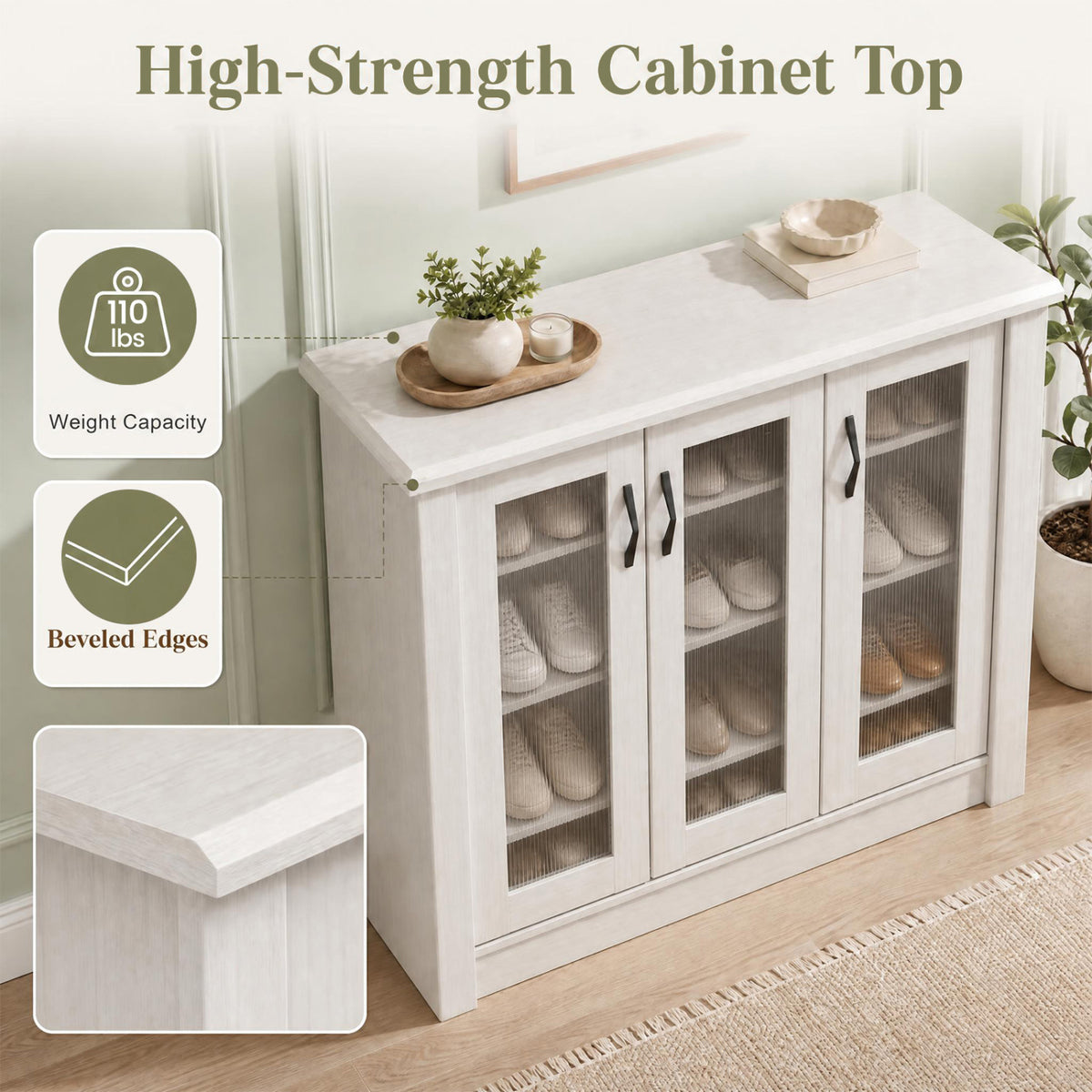 3-Door Shoe Cabinet with Removable Shelves Wooden Shoe Storage Organizer-White view 8