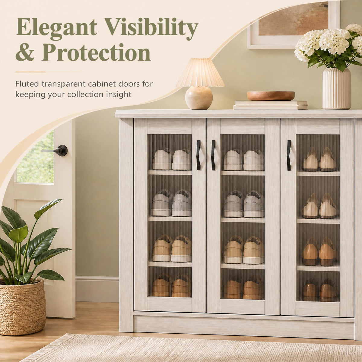 3-Door Shoe Cabinet with Removable Shelves Wooden Shoe Storage Organizer-White view 9