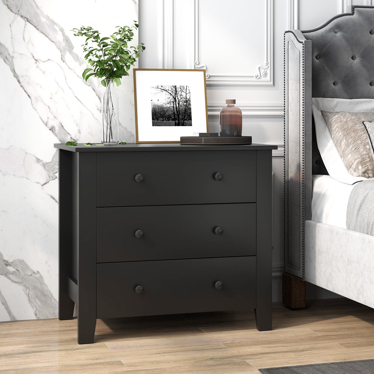 3 Drawer Dresser Chest of Drawers Bedside Table-Black Wood Grain view 2