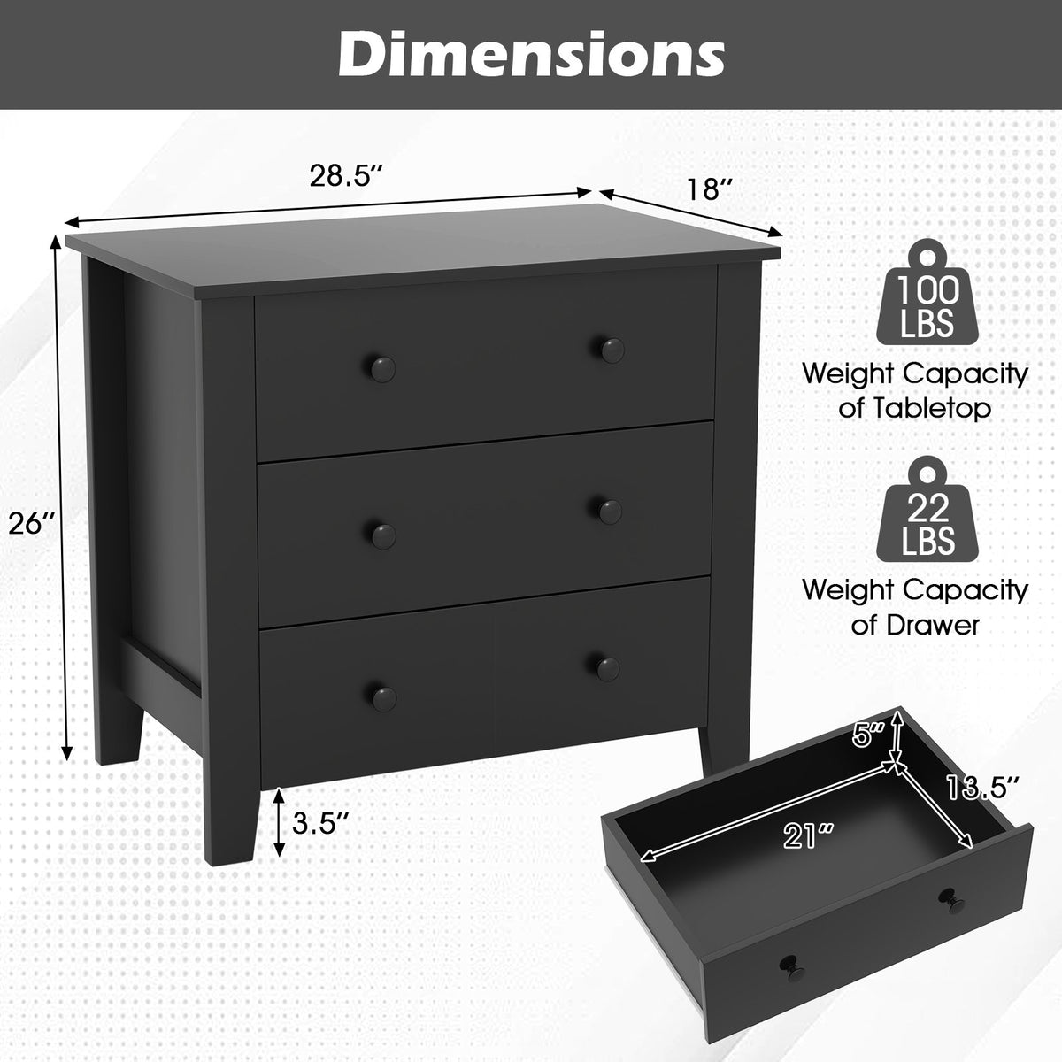 3 Drawer Dresser Chest of Drawers Bedside Table-Black Wood Grain view 5