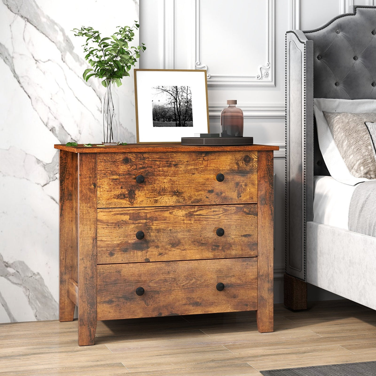 3 Drawer Dresser Chest of Drawers Bedside Table-Rustic Brown view 2