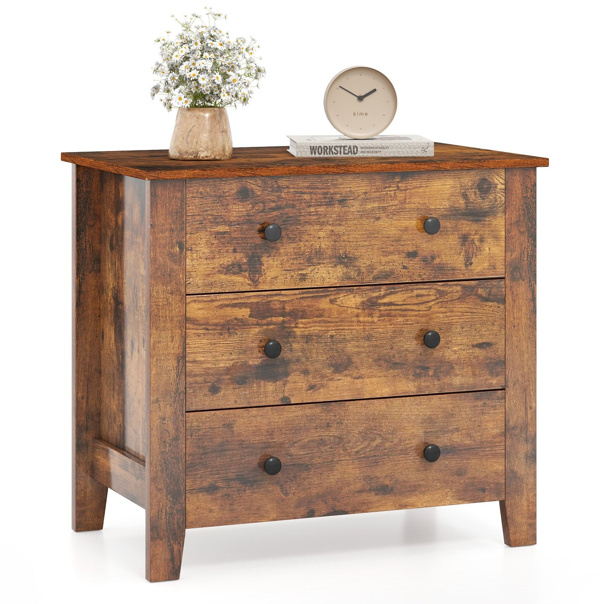 3 Drawer Dresser Chest of Drawers Bedside Table-Rustic Brown view 4