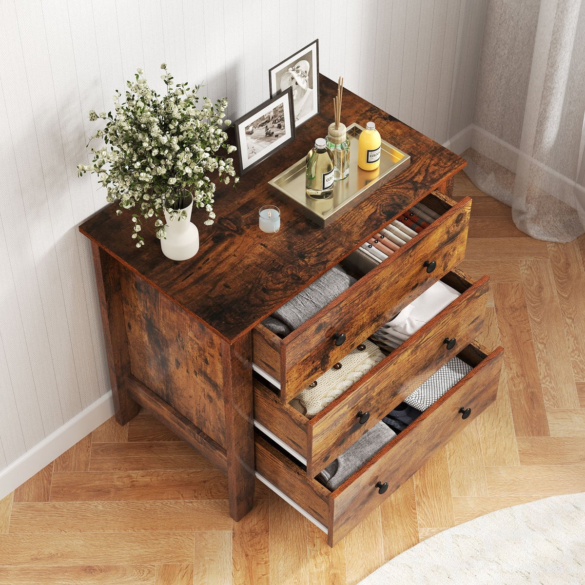 3 Drawer Dresser Chest of Drawers Bedside Table-Rustic Brown view 6