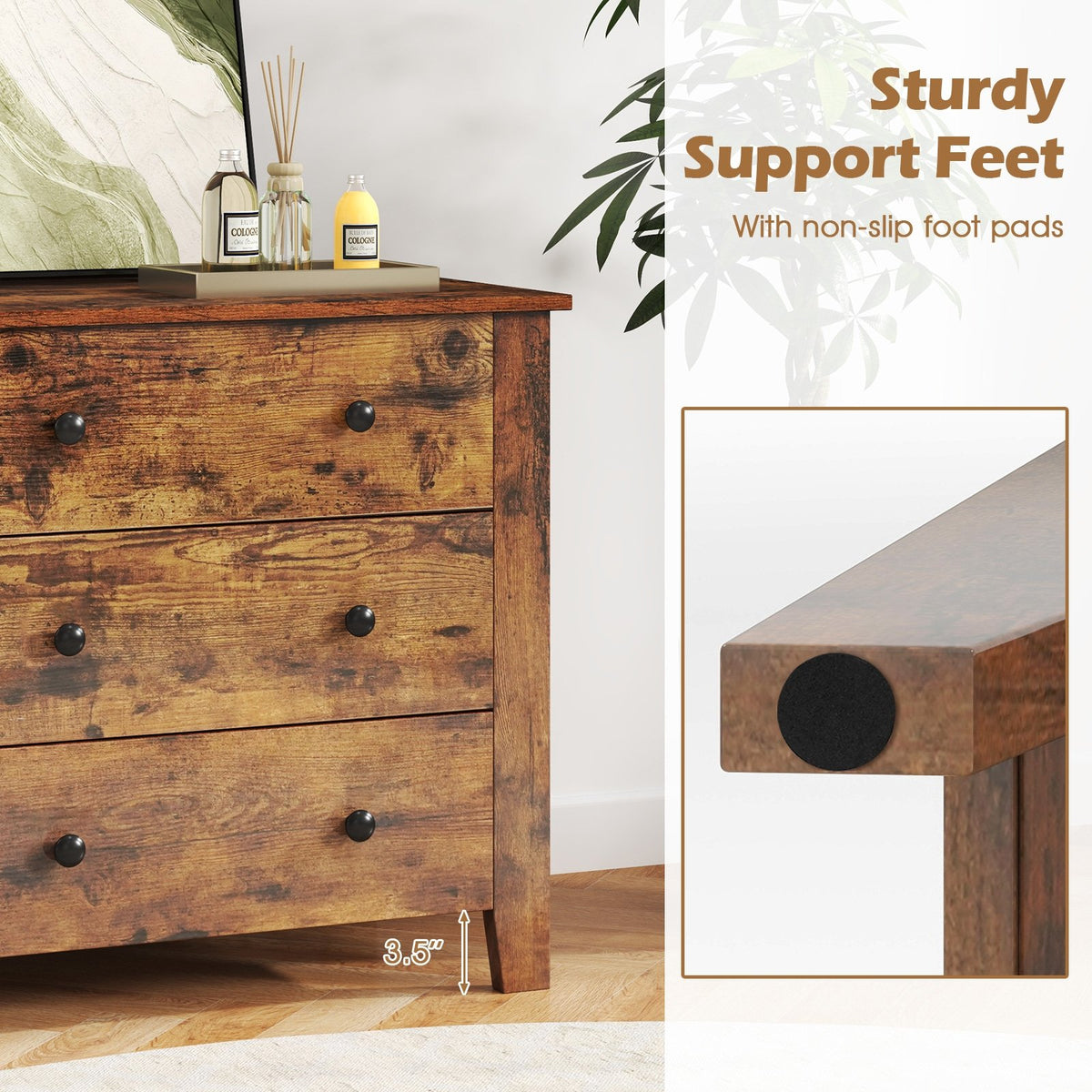 3 Drawer Dresser Chest of Drawers Bedside Table-Rustic Brown view 8