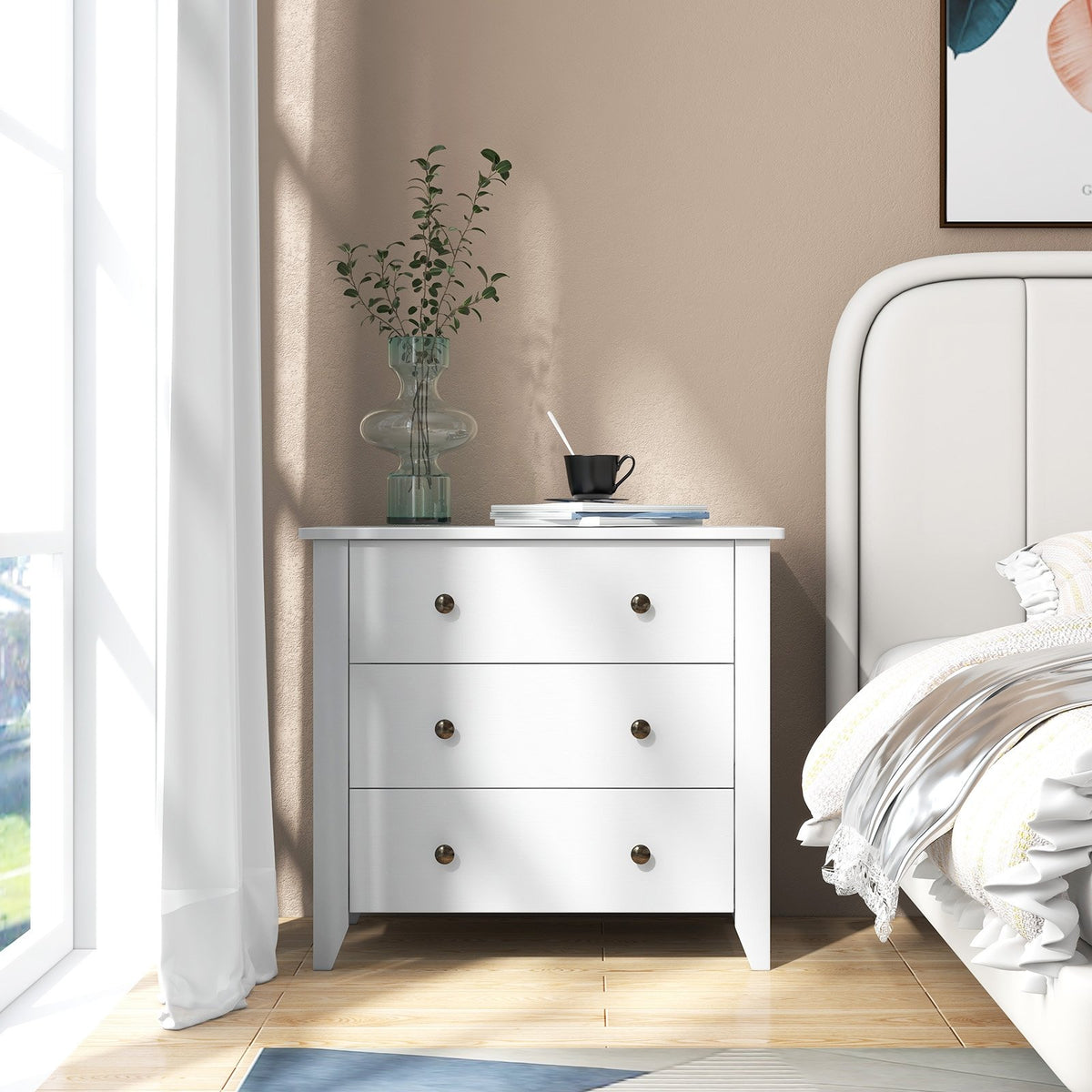 3 Drawer Dresser Chest of Drawers Bedside Table-White view 2