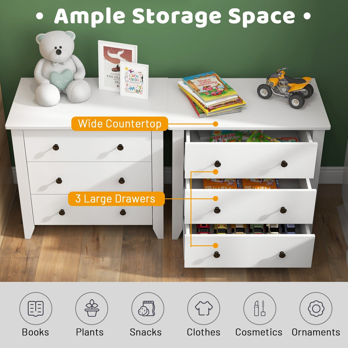 3 Drawer Dresser Chest of Drawers Bedside Table-White view 9