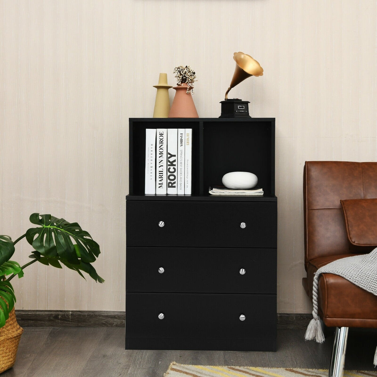 3 Drawer Dresser with Cubbies Storage Chest for Bedroom Living Room-Black view 2