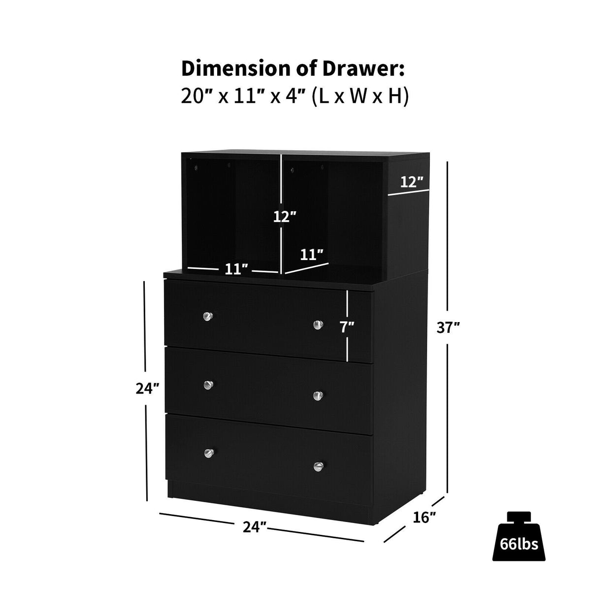 3 Drawer Dresser with Cubbies Storage Chest for Bedroom Living Room-Black view 5