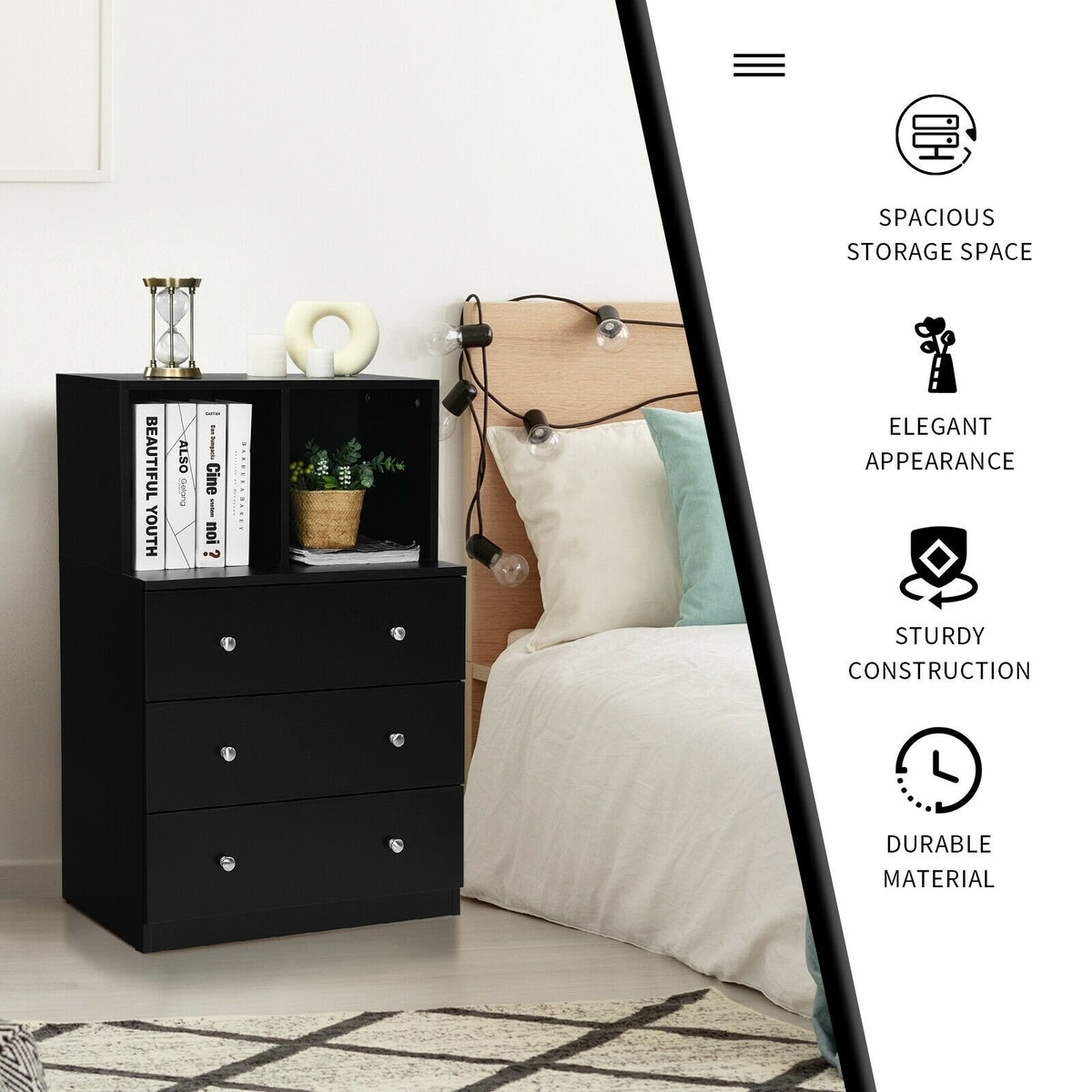 3 Drawer Dresser with Cubbies Storage Chest for Bedroom Living Room-Black view 6