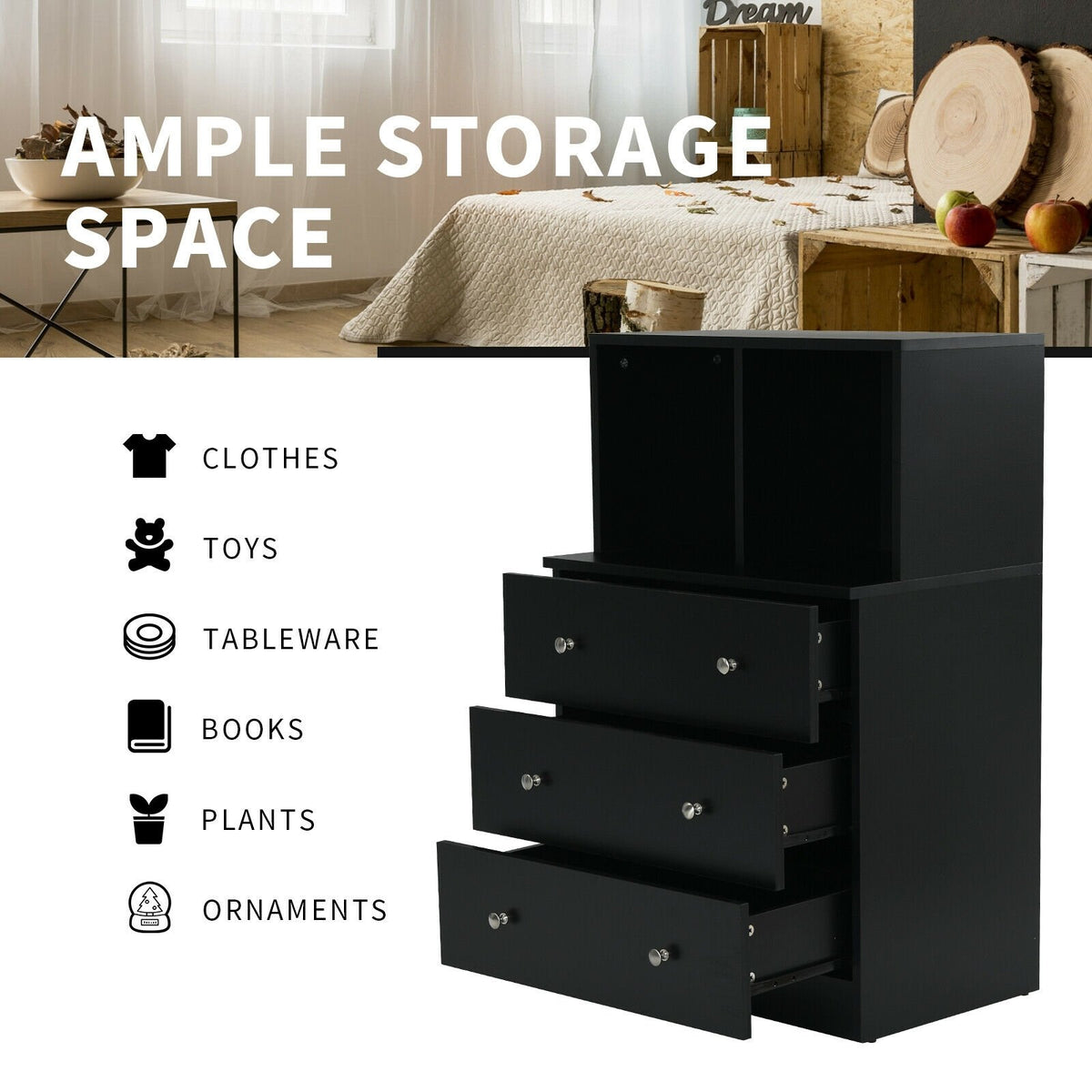 3 Drawer Dresser with Cubbies Storage Chest for Bedroom Living Room-Black view 7