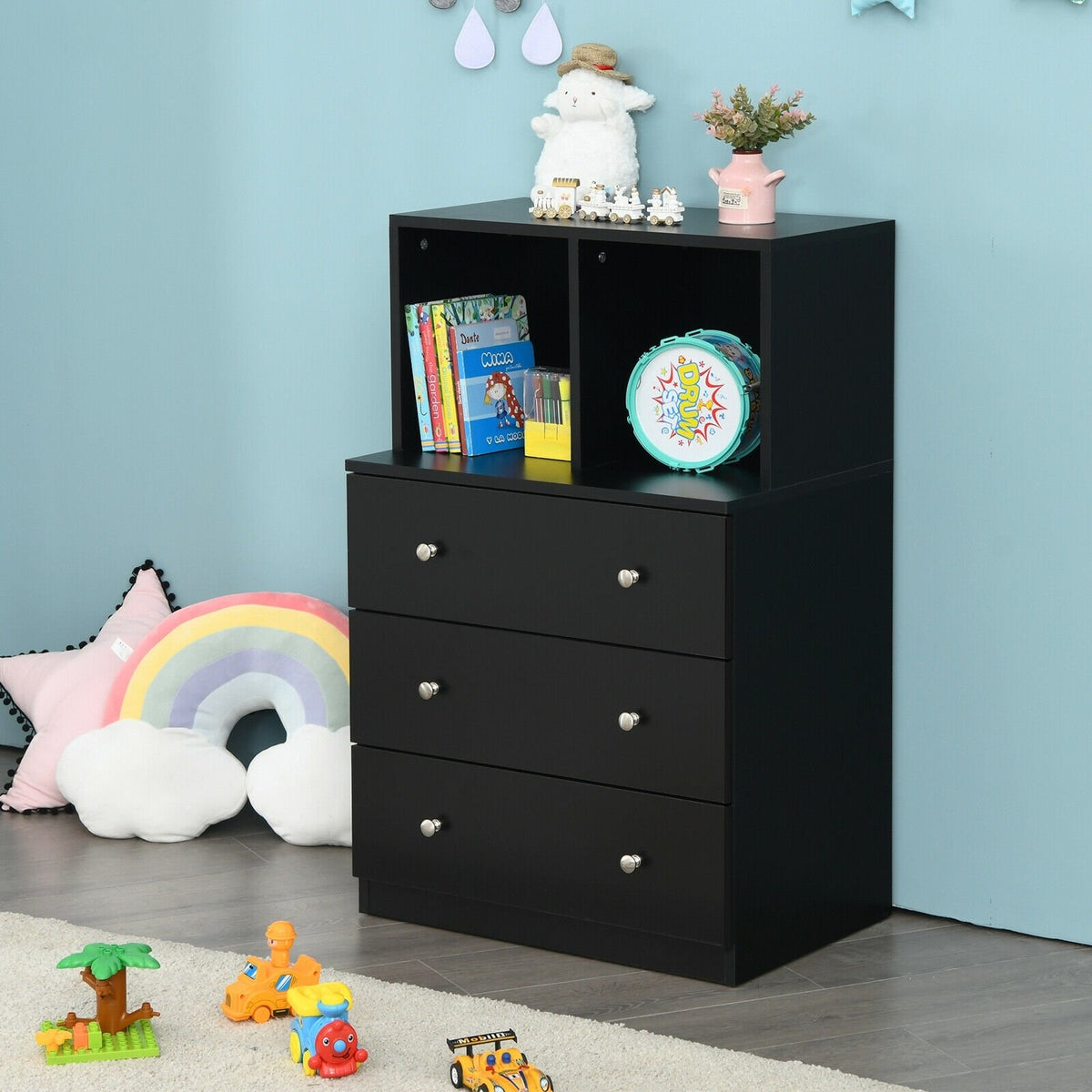 3 Drawer Dresser with Cubbies Storage Chest for Bedroom Living Room-Black view 9