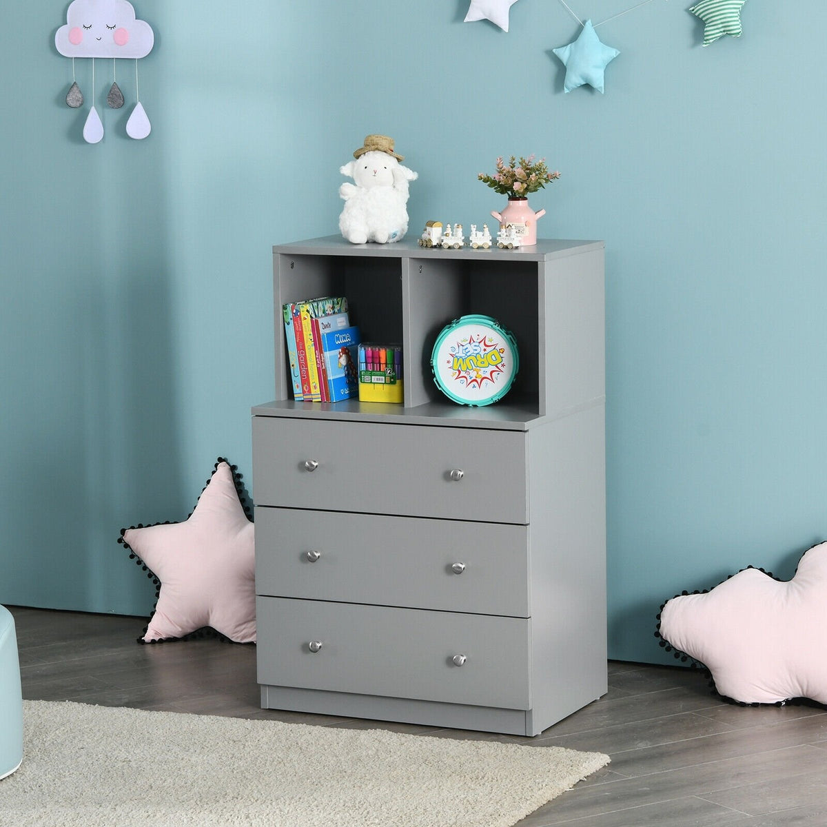 3 Drawer Dresser with Cubbies Storage Chest for Bedroom Living Room-Gray view 2