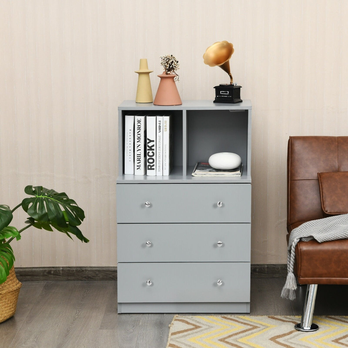 3 Drawer Dresser with Cubbies Storage Chest for Bedroom Living Room-Gray view 3