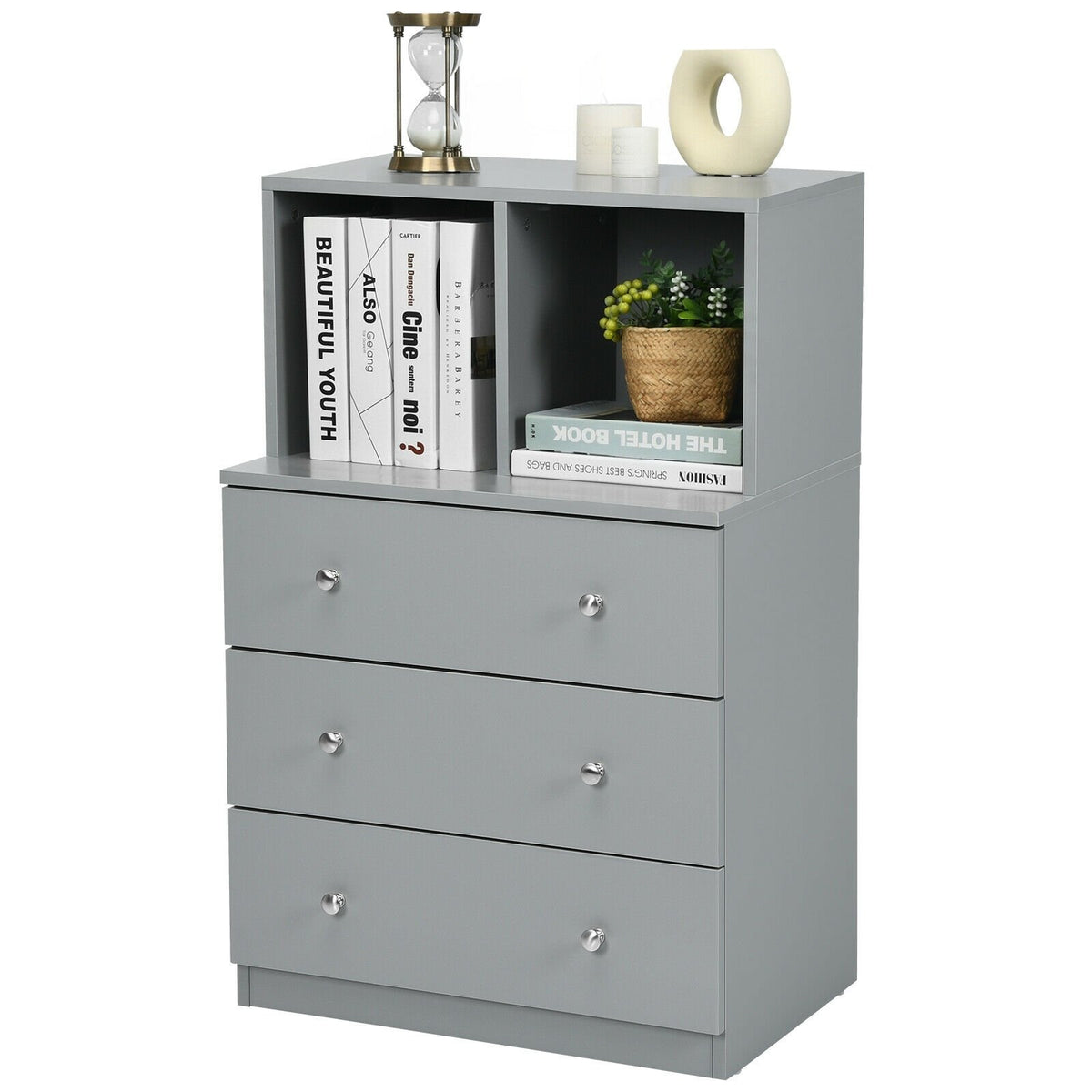 3 Drawer Dresser with Cubbies Storage Chest for Bedroom Living Room-Gray view 4